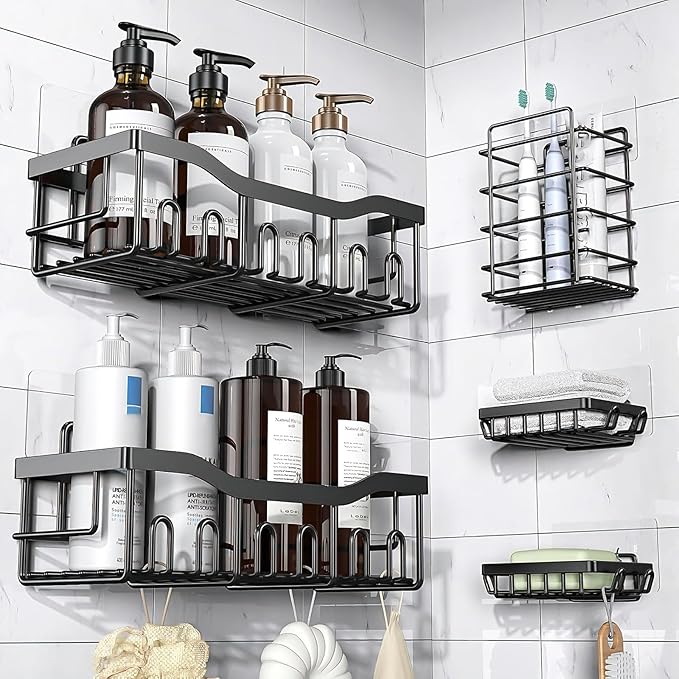Shower Caddy Adhesive Replacement Hooks, Strong Waterproof Strips, No Drilling for Bathroom Shelves, Kitchen Racks, and Soap Holders (Transparent-6 Pack 1&3 Hook)