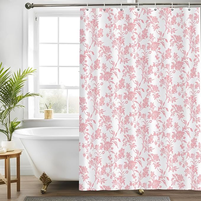 Seorsok Pink Shower Curtain,Sage Cotton Floral Cottagecore,Elegant Floral Fabric Shower Curtain Machine Washable Waterproof Bathroom Decor 60'Wx72'L inches