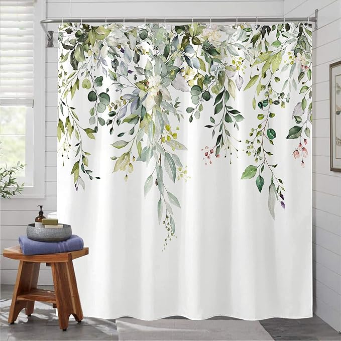 kampdream Green Eucalyptus Plant Shower Curtain, Watercolor Leaves On The Top Shower Curtain, Sage Green Spring Botanical Bathroom Curtain 72 ×72 Inch