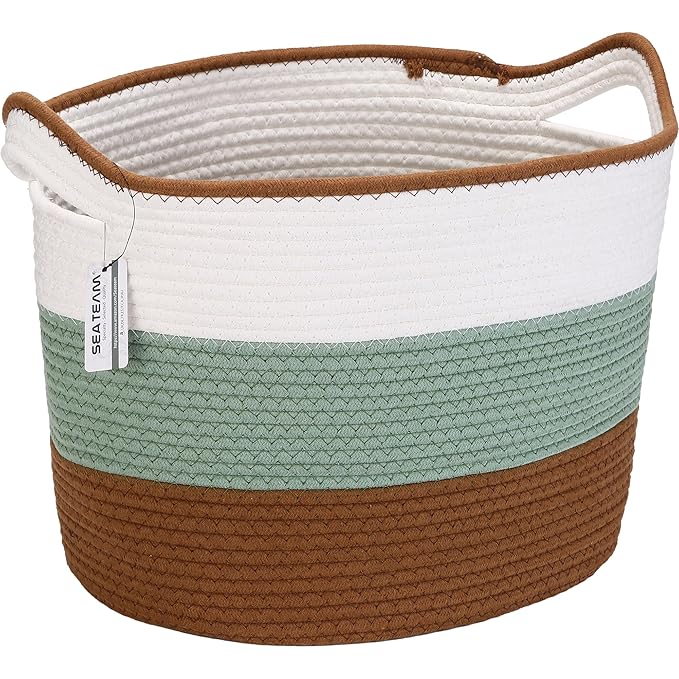 Sea Team Oval Large Cotton Rope Woven Storage Basket with Handles, Diaper Caddy, Baby Shower Basket, Nursery Nappies, Clothes Toys Organizer for Kid's Room, 16 x 13 inches, Green & Brown