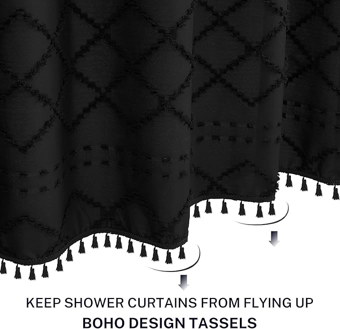 Extra Long Boho Black Woven Fabric Shower Curtain with Tassels 54 x 78 Modern Farmhouse Minimalist, Tufted Chevron Striped Shabby Chic Textured, Water Resistant Cloth Curtain for Bathroom, Hotel Decor