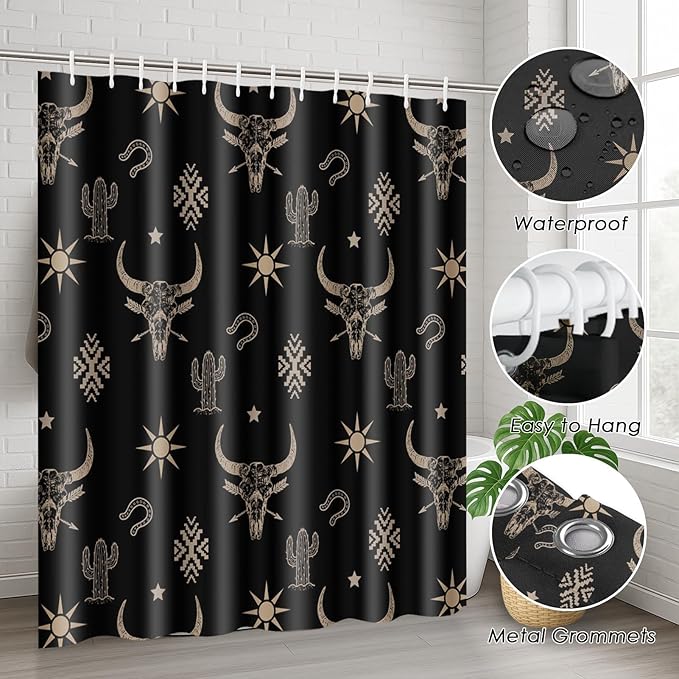 Western Cow Skull Shower Curtain Set with Toilet Lid Cover and Non-Slip Rugs, Black Gold Western 4 Pcs Shower Curtain with 12 Hooks, Cactus Farmhouse Bathroom Set with Rugs and Accessories