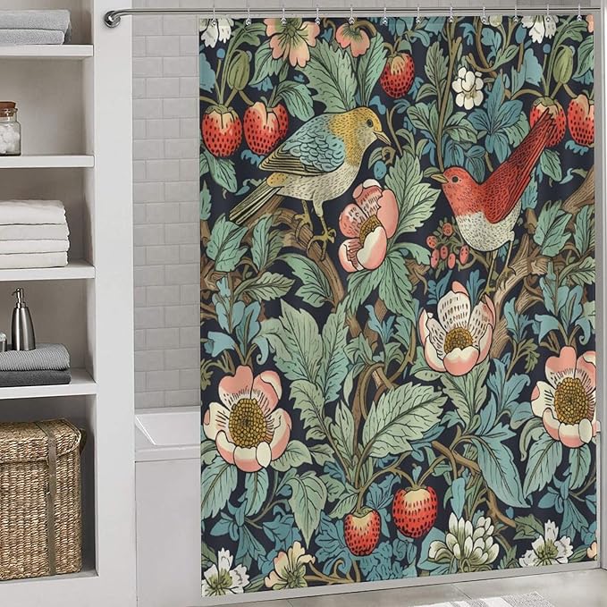 William Morris Shower Curtain,Original Design Strawberry Thief Green Flower Birds Pattern Print Shower Curtains Sets Polyester Waterproof Fabric Decor Bathroom Curtain 72"×72" Inch With 12 Hooks