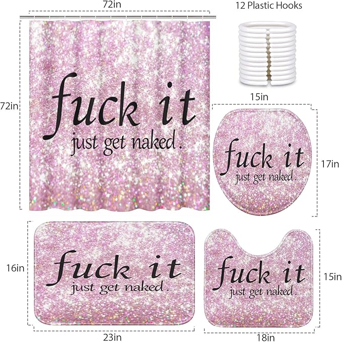 ArtSocket 4PC Pink Funny Get Naked Shower Curtain Sets Diamond Gold Bathroom Decor with Rugs, Non-Slip Rug,Toilet Lid Cover, Bath Mat and 12 Hooks 72x72 inches