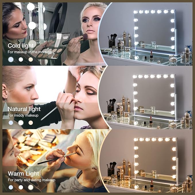 FENCHILIN Vanity Mirror with Lights, White Hollywood Lighted Makeup Mirror with 15 Dimmable LED Bulbs Rotation for Dressing Room & Bedroom, Living Room