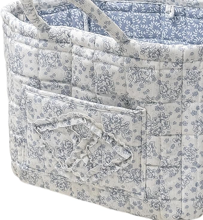 Quilted Storage Basket Boho Fabric Floral Laundry Nursery Basket Folding Quilted Baskets with handles for Car Clothes Toys
