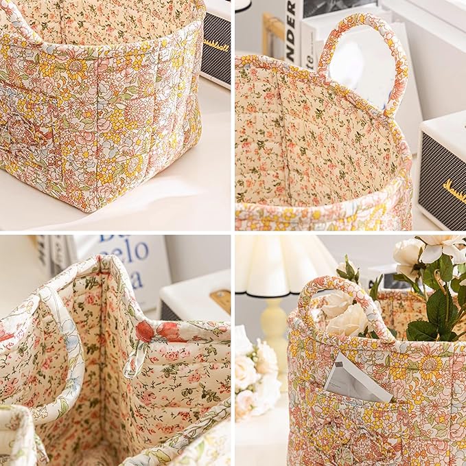 Quilted Fabric Storage Basket Boho Floral Laundry Hamper with Handle Foldable Floral Basket Organizer for Car Bedroom