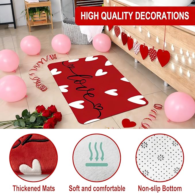 FUTBU Valentines Day Shower Curtain Set for Bathroom, Red Love Heart Shape Red Bathroom Supplies for Valentines Accessories Decor Set, Non Slip Rugs Toilet Lid Cover U Shape Bath Mat and 12 Hooks