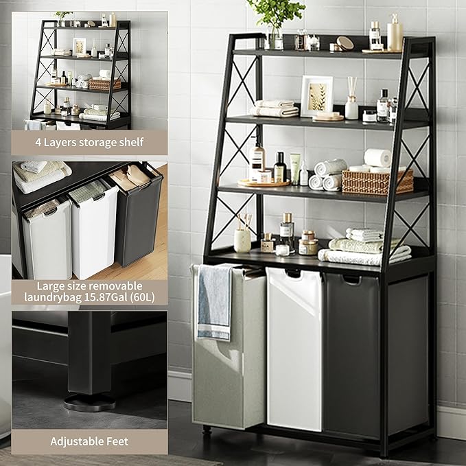Herture Laundry Basket, 3 Section Laundry Hamper with 4 Tiers Shelf, Pull-Out and Removable Laundry Bags, Large 3 x 15.87 Gallons, for Laundry Room Bathroom Black PF05XLK