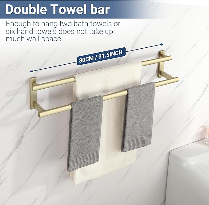 SAYAYO Double Towel Bar for Bathroom, 31.5 Inch Brushed Gold Bath Towel Rack Towel Holder Wall Mounted, SUS304 Stainless Steel