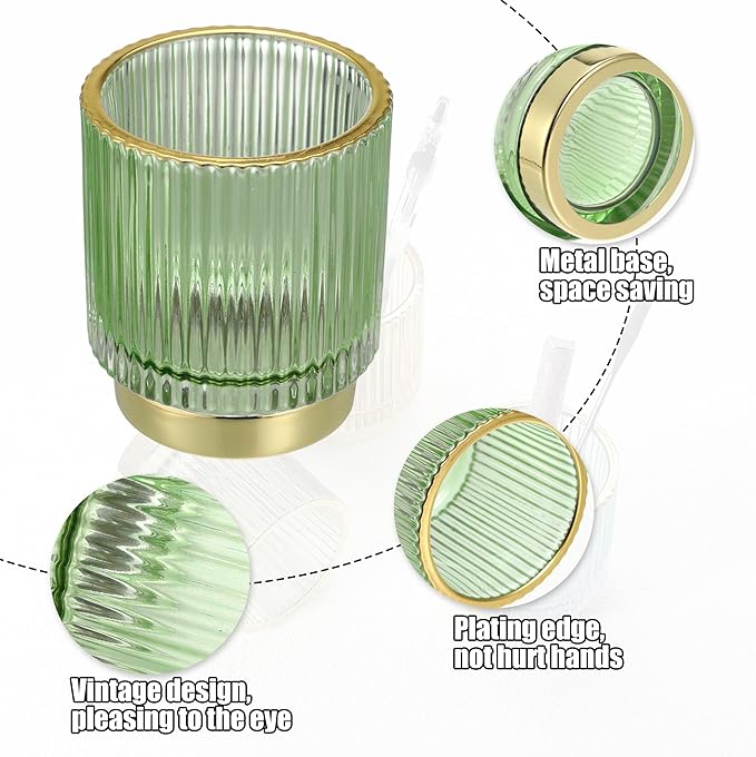 VOCOSTE Makeup Brush Holder Organizer, Glass Makeup Brushes Holder, Cosmetic Brushes Storage Holder, Dresser Striped Vase Make Up Brush Cup Eyeliners for Desktop, Green, S Size