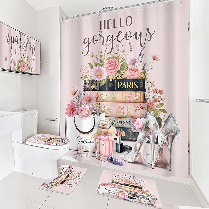 Cinbloo 4Pcs Pink Floral Shower Curtain Set, Fashion Flower Perfume High Heels Wildflower Girly Bathroom Curtain with Rug, Toilet Lid Cover, Bath Mat, Inspirational Quotes Shower Curtain with 12 Hooks