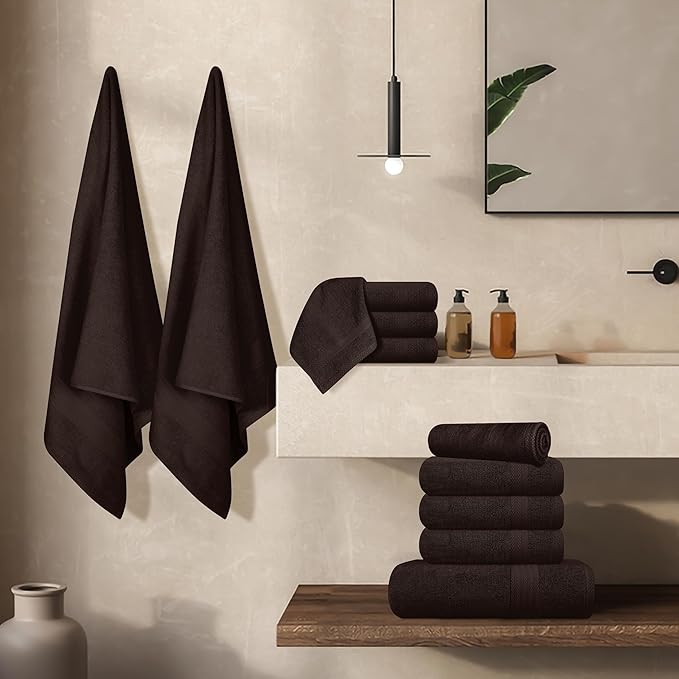 GLAMBURG Ultra Soft 24-Piece Towel Set- 100% Pure Ringspun Cotton, Contains 8 Oversized Bath Towels 27x54, 8 Hand Towels 16x28, 8 Wash Cloths 13x13 Ideal for Everyday use, Hotel & Spa- Chocolate Brown