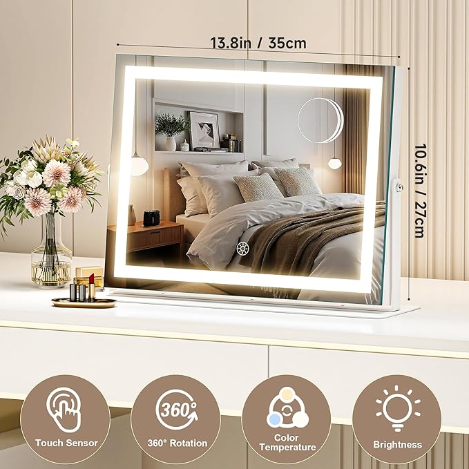 MINISO Vanity Mirror with Lights-13.8" x 10.6" LED Makeup Mirror, 3 Color Modes Touch Control and Brightness Adjustment Lighting Mirror, 10X Magnifying Glass, 360° Rotation