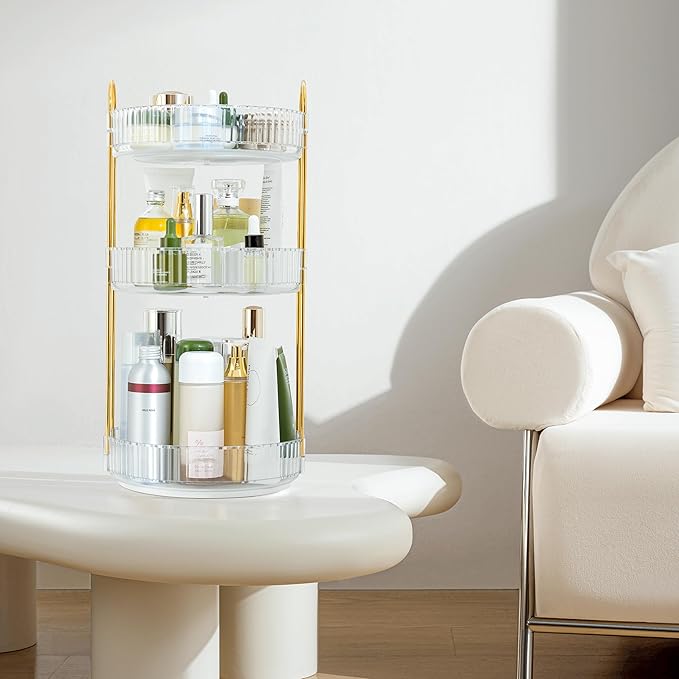360-Degree Rotating Makeup Organizer, Cosmetic Storage Display Case for Bathroom Vanity Countertop, Skincare and Perfume Storage Organizers, Jewelry Dresser Organizer, 3-Tier, Clear