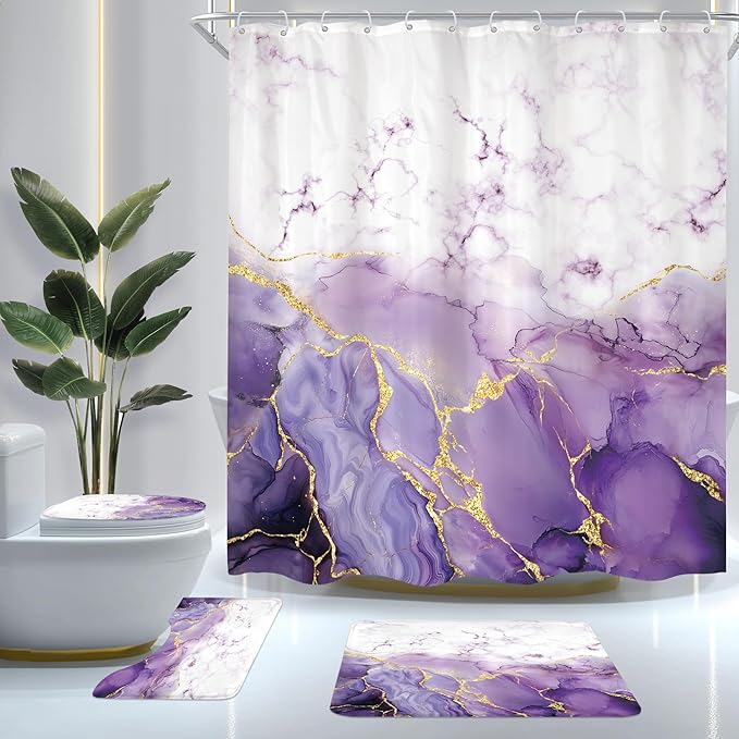 Cinbloo 4Pcs Purple Marble Shower Curtain Set, Abstract Lilac Gold Cracked Lines Modern Minimalist Bathroom Curtain with Rug, Toilet Lid Cover, Bath Mat, Luxury Aesthetic Shower Curtain with 12 Hooks