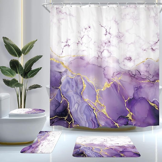 Cinbloo 4Pcs Purple Marble Shower Curtain Set, Abstract Lilac Gold Cracked Lines Modern Minimalist Bathroom Curtain with Rug, Toilet Lid Cover, Bath Mat, Luxury Aesthetic Shower Curtain with 12 Hooks