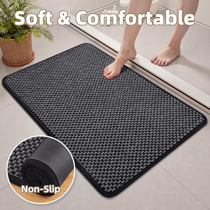 PADOOR-Bath Mat-Super Absorbent Chenille Bathroom Mats-Rubber Backed Bath Mats for Bathroom Non Slip, Easy Clean Bathroom Rugs Front of Bathtub,Shower Room,Sink-17×28, Darkgrey&Black