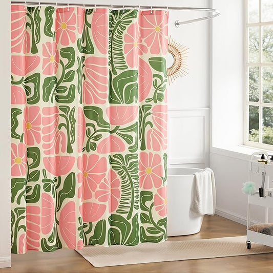 Mid Century Modern Abstract Geometric Colorful Boho Shower Curtains for Bathroom, Cute Pink Floral Bathroom Shower Curtain, Vintage Retro Bath Curtain, Waterproof Shower Curtain 72''x72''