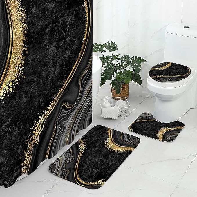 Gibelle 4 Pcs Luxury Marble Shower Curtain Set with Non-Slip Rugs, Toilet Lid Cover and Bath Mat, Black Gold Bathroom Decor Set with Shower Curtain and Rugs and Accessories