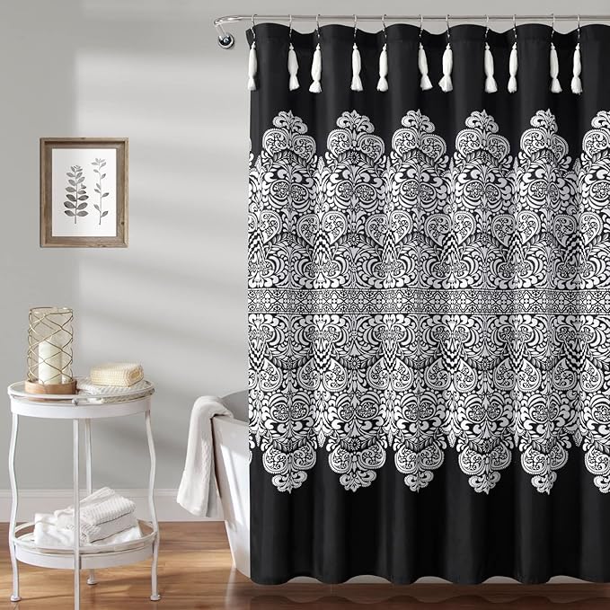 Lush Decor Boho Medallion Shower Curtain Single 72" W x 72" L Black - Boho Shower Curtains for Bathroom Decor - Black Bathroom Curtain