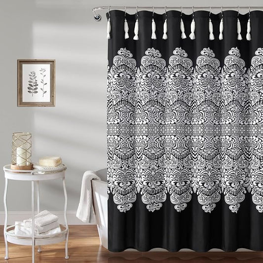 Lush Decor Boho Medallion Shower Curtain Single 72" W x 72" L Black - Boho Shower Curtains for Bathroom Decor - Black Bathroom Curtain