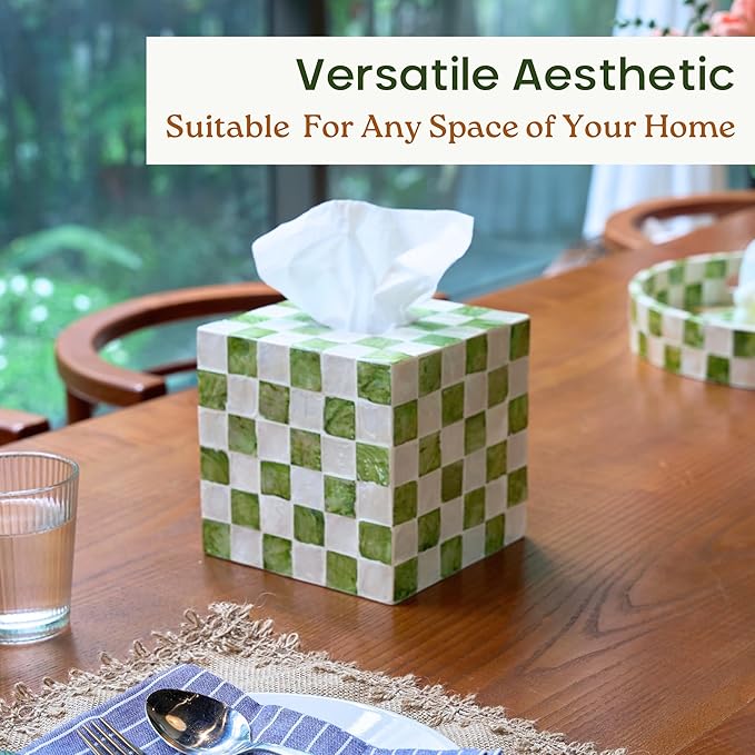 CHI AN HOME 5.7" Square Tissue Box Cover, Handmade Checkered Cube Tissue Box Cover with Capiz Shells, Decorative Tissue Holder for Living Room, Bathroom, Bedroom or Office (Pistachio Green)
