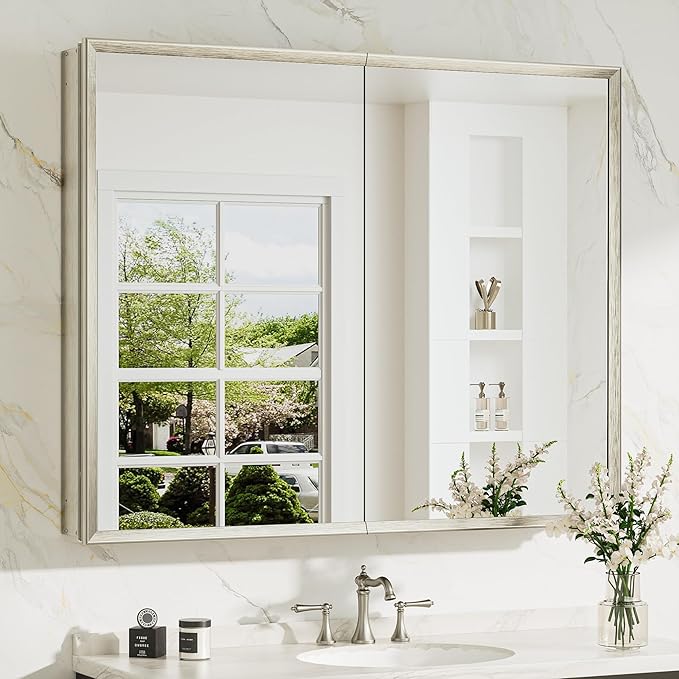 TokeShimi 40 x 32 Bathroom Mirror Cabinet, Assembly Required, Nickel Recessed Medicine Cabinet with Mirror, Steplessly Adjustable Shelves, Beveled Aluminum Frame, Tempered Glass