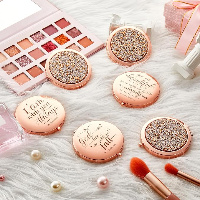 Thyle 12 Pcs Christian Compact Mirror Gifts for Women Mother's Day Nurse Week Bible Verse Wallet Mirror Bulk Hand Makeup Compact Religious Baptism for Holy Communion Teacher(Same,Rose Gold)