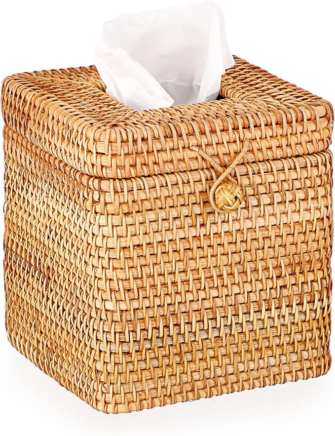 Sumnacon Tissue Box Cover Square Tissue Box Rattan Tissue Box Holder with Hinged Top Lid, Wicker Tissue Holder for Bathroom Toilet Living Room Kitchen Office Table Desk, Yellow