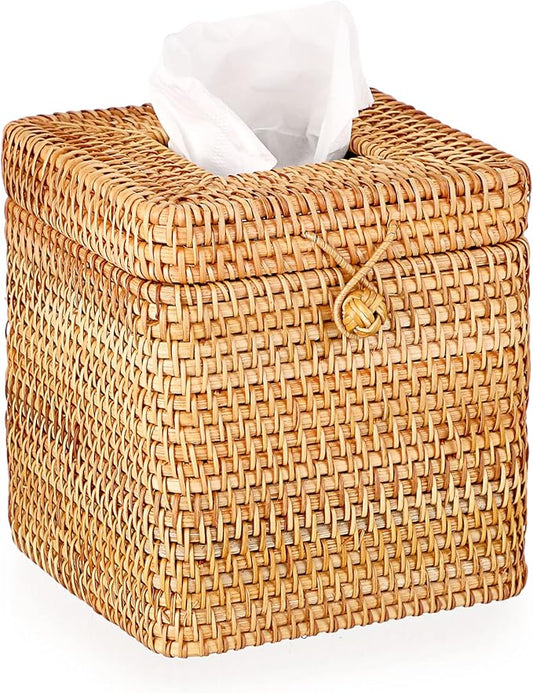Sumnacon Tissue Box Cover Square Tissue Box Rattan Tissue Box Holder with Hinged Top Lid, Wicker Tissue Holder for Bathroom Toilet Living Room Kitchen Office Table Desk, Yellow