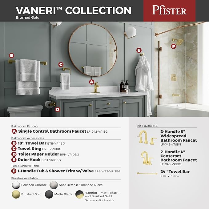 Pfister Vaneri Bath Towel Bar for Bathroom, 24-Inch, Wall-Mounted, Screw-in, Brushed Gold Finish, BTBVRI2BG