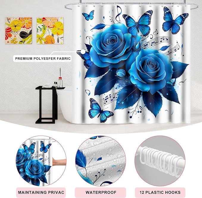 Poedist 4 Pcs Bathroom Shower Curtain Set, Bathroom Set, Blue Rose Shower Curtain Sets with Rugs(Bath Mat,U Shape and Toilet Lid Cover Mat) and 12 Hooks-04