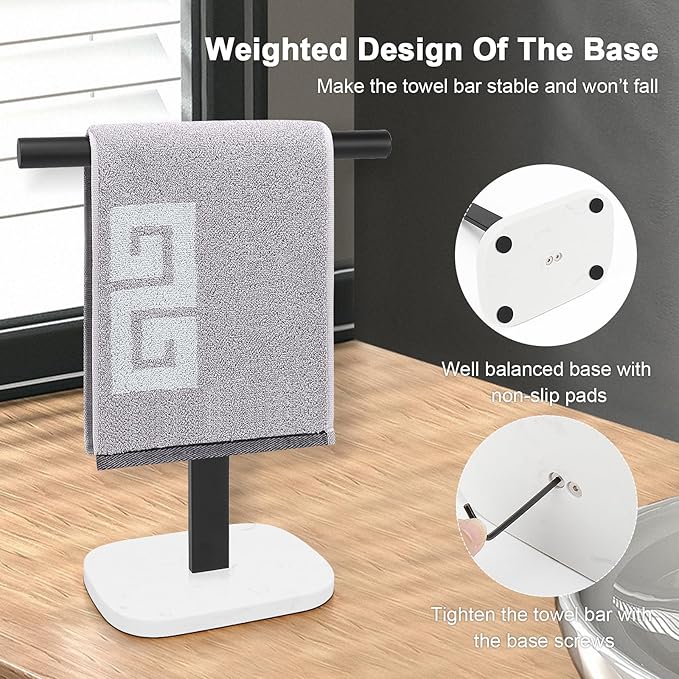 NearMoon T-Shape Hand Towel Holder-Bath Towel Rack-Standing with Balanced Base Towel Bar for Bathroom Kitchen Vanity Countertop, Modern Stand Towel Ring with Marble Base (14 Inch, Black)