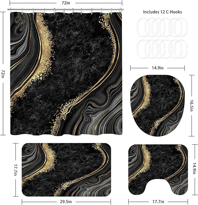 4PCS Black Gold Marble Shower Curtain Sets with Rugs, Abstract Bathroom Sets with Shower Curtain and Rugs, Modern Bathroom Curtains Shower Set with Accessories for Bathroom Decor