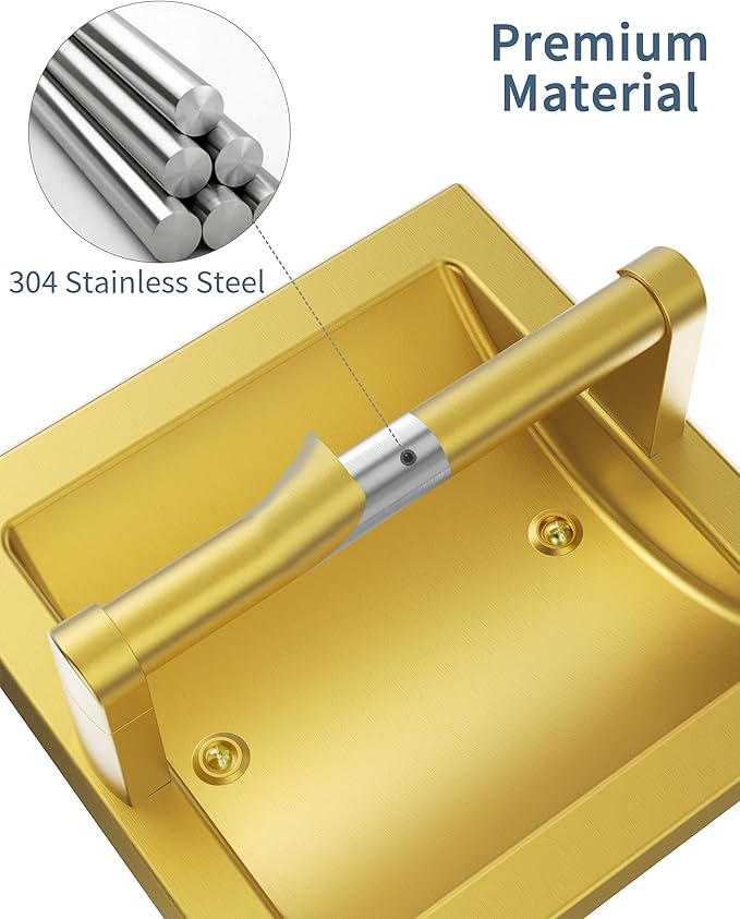 Recessed Toilet Paper Holder 2 Pack Gold， in Wall Toilet Paper Holder Pivoting，Wall Mount Toilet Paper Roll Holder, Bathroom Shallow Gold Stainless Steel Tissue Holder