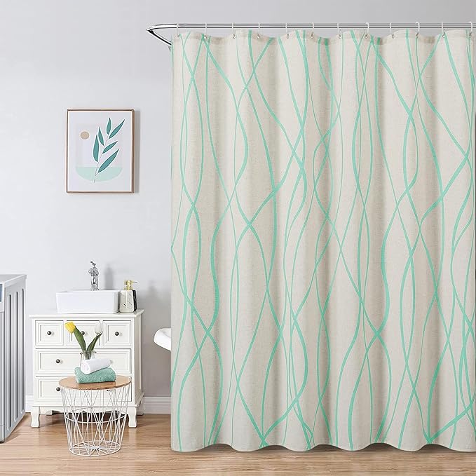 Mint Green Modern Farmhouse Linen Shower Curtain, Country Cottage Bathroom Decor Striped Minimal Boho Textured Linen Shower Curtain Set with Hooks, 72x72