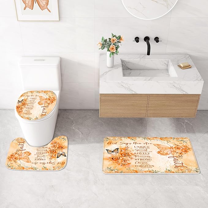 Litabel 4 Pcs Orange Butterfly Inspirational Quotes Shower Curtain Set with Rugs and Toilet Lid Cover, Colorful Boho Waterproof Fabric Bathroom Set, Bible Verse Floral Bathroom Decor Set Accessories