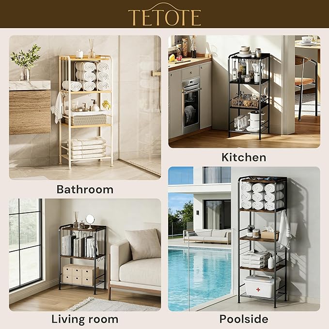 TETOTE 3-Tier Towel Rack, M-Shaped Detachable Dividers Metal Towel Storage Organizer for Bathroom, Laundry, Pool, Free Standing