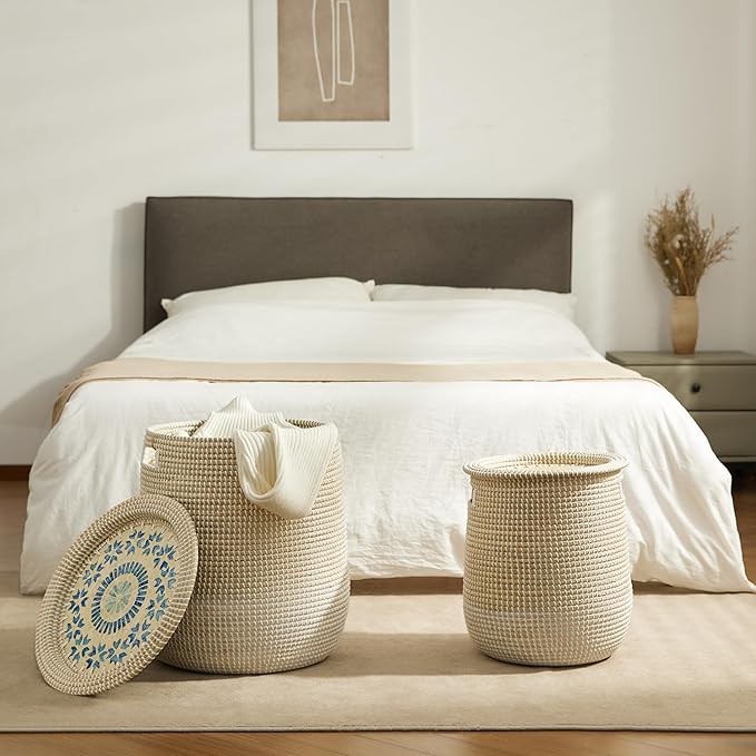 Laundry Hamper Basket with Lid - 2 Pack Natural Seagrass Handmade Storage Hamper, Removable Washable Liner, Storage Basket for Clothes Toys, Decorative Organizer for Bedroom, Bathroom, Living Room