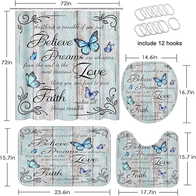 Britimes 4 Piece Shower Curtain Sets with 12 Hooks, Blue Butterfly Inspirational Quotes Farmhouse with Non-Slip Rugs, Toilet Lid Cover and Bath Mat for Bathroom Decor Set 72" x 72"