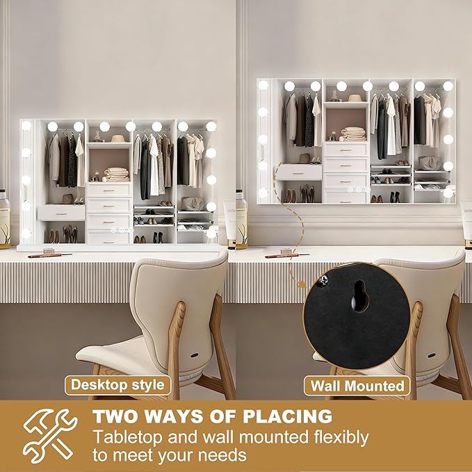 Moonee Vanity Mirror with Lights, Hollywood Lighted Makeup Mirror with 17 Dimmable Bulbs and 10X Magnification, 3 Colors Modes, Aluminum Metal Frame, Light Up Mirror for Tabletop/Wall（26" x 20"）