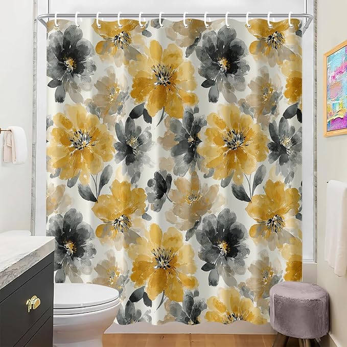 Yellow Grey Floral Shower Curtain 72x72 Inch Watercolor Flower Bathroom Curtain Modern Boho Style Machine Washable Decor