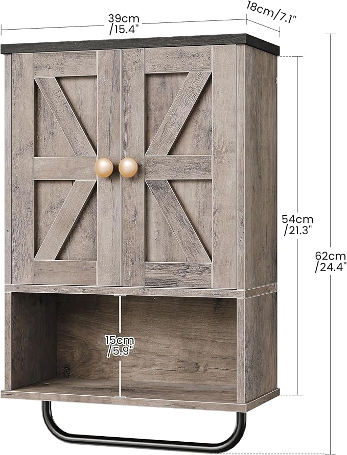 CHOEZON Bathroom Wall Cabinet, Medicine Cabinet with Open Partition and Towel Bar, Rustic Storage Cabinet with Open and Hidden Storage Space, for Bathroom, Living Room, Greige and Charcoal Black