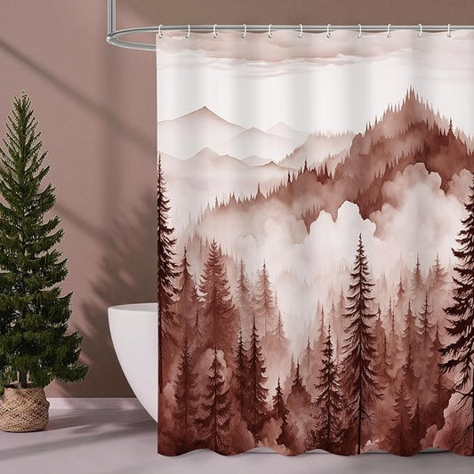 Burgundy Extra Long Misty Pine Forest Shower Curtain 72 x 84, XL Mountain Foggy Woodland Scenery Tree Shower Curtains for Bathroom, Abstract Waterproof Nature-Themed Decor