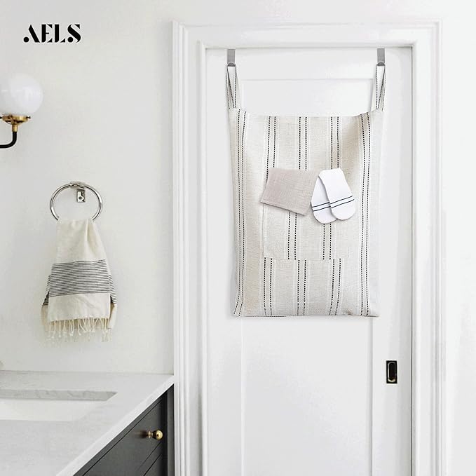 AELS Farmhouse Hanging Laundry Hamper with 2 Hooks, Boho Beige & Black Stripes Laundry Bag with Zipper & Wide Open Top, Over the Door Organizer for Dirty Clothes, Washable Space Saving Storage