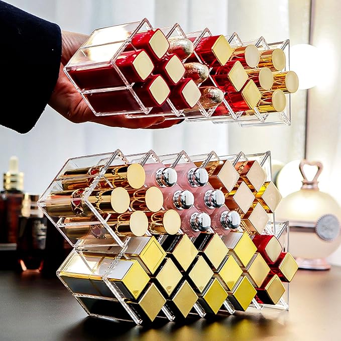 2 Pack Acrylic Lipstick Holder Organizer 32 Slots Clear Lip Gloss Holder Organizers Stackable Fish Shape Lipsticks Tower Lipstick Case Display Stand Storage Box for Makeup Cosmetic Vanity drawer