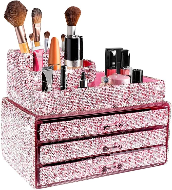 KEYPOWER Makeup Organizers Drawer Bling Diamond,Countertop Jewelry Cosmetic Storage Display Boxes,Makeup Brush Holder,2 Pieces Set(Purely Handmade)(Pink)
