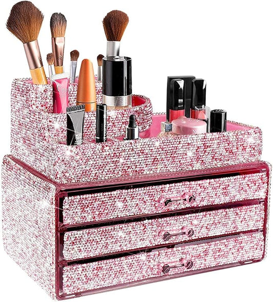 KEYPOWER Makeup Organizers Drawer Bling Diamond,Countertop Jewelry Cosmetic Storage Display Boxes,Makeup Brush Holder,2 Pieces Set(Purely Handmade)(Pink)
