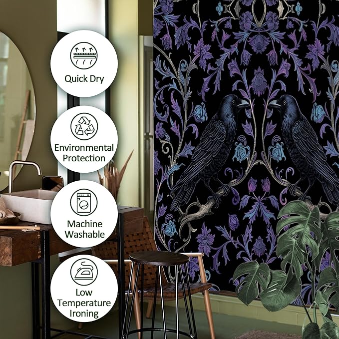 Gothic Black and Purple Crow Shower Curtain,Witchy Raven and Flower Shower Curtains Waterproof Polyester,Funny Dark Academia Floral Bathroom Decor Accessories,72x72 in
